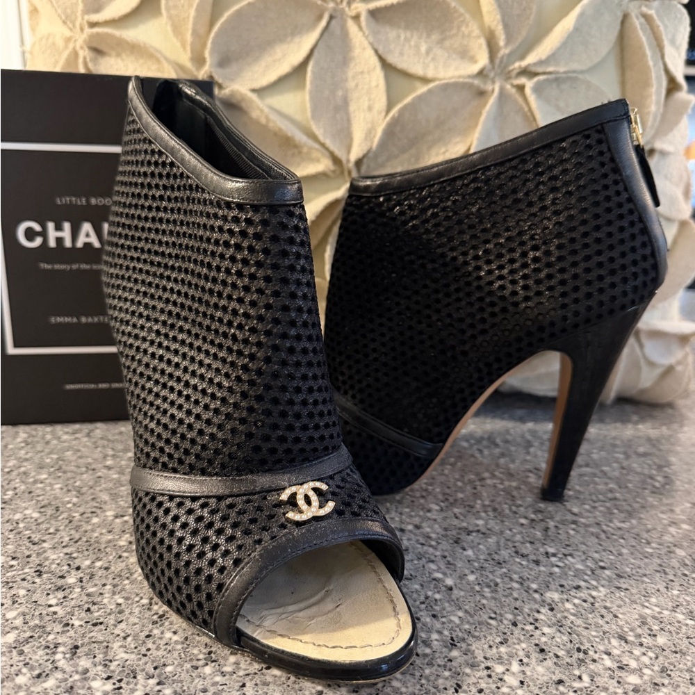 CHANEL Black Mesh Peep-Toe Heeled Boots